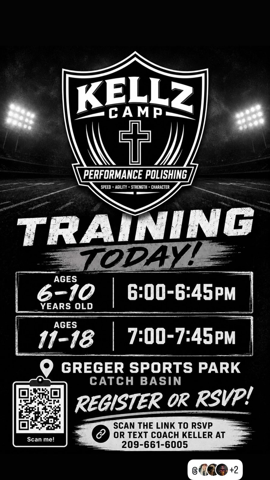 Kellz Camp weekly training flyer — Greger Sports Park, Catch Basin